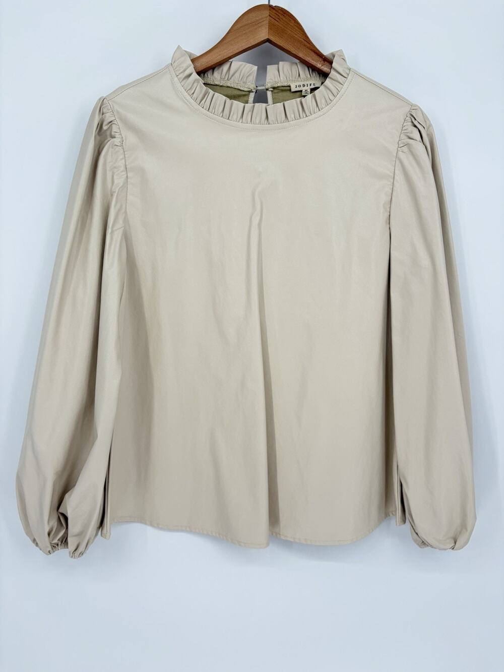 Jodifl Faux Leather Look Blouse Womens Medium Beige Tan Ruffle Neck Puff Sleeve